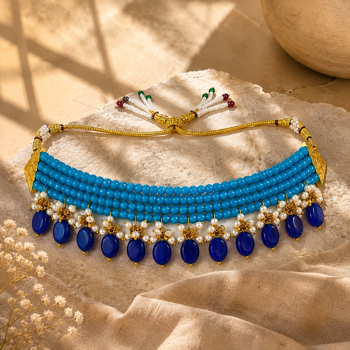Firoza Blue & Navy Oval-Drop Agate Choker – view 3 | Pathrohi