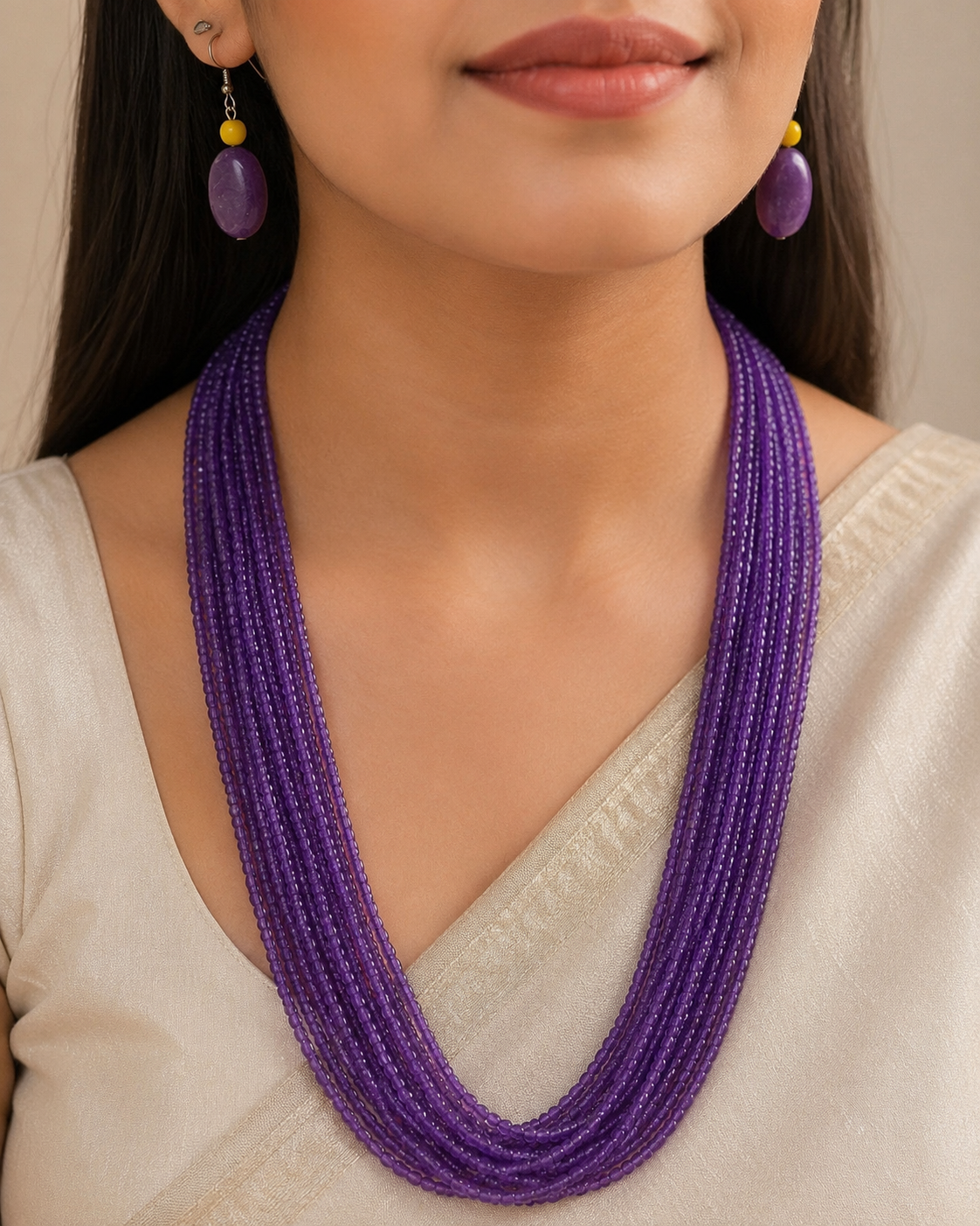 Angled view of Amethyst Purple Multi-Strand Necklace Set handcrafted by Pathrohi