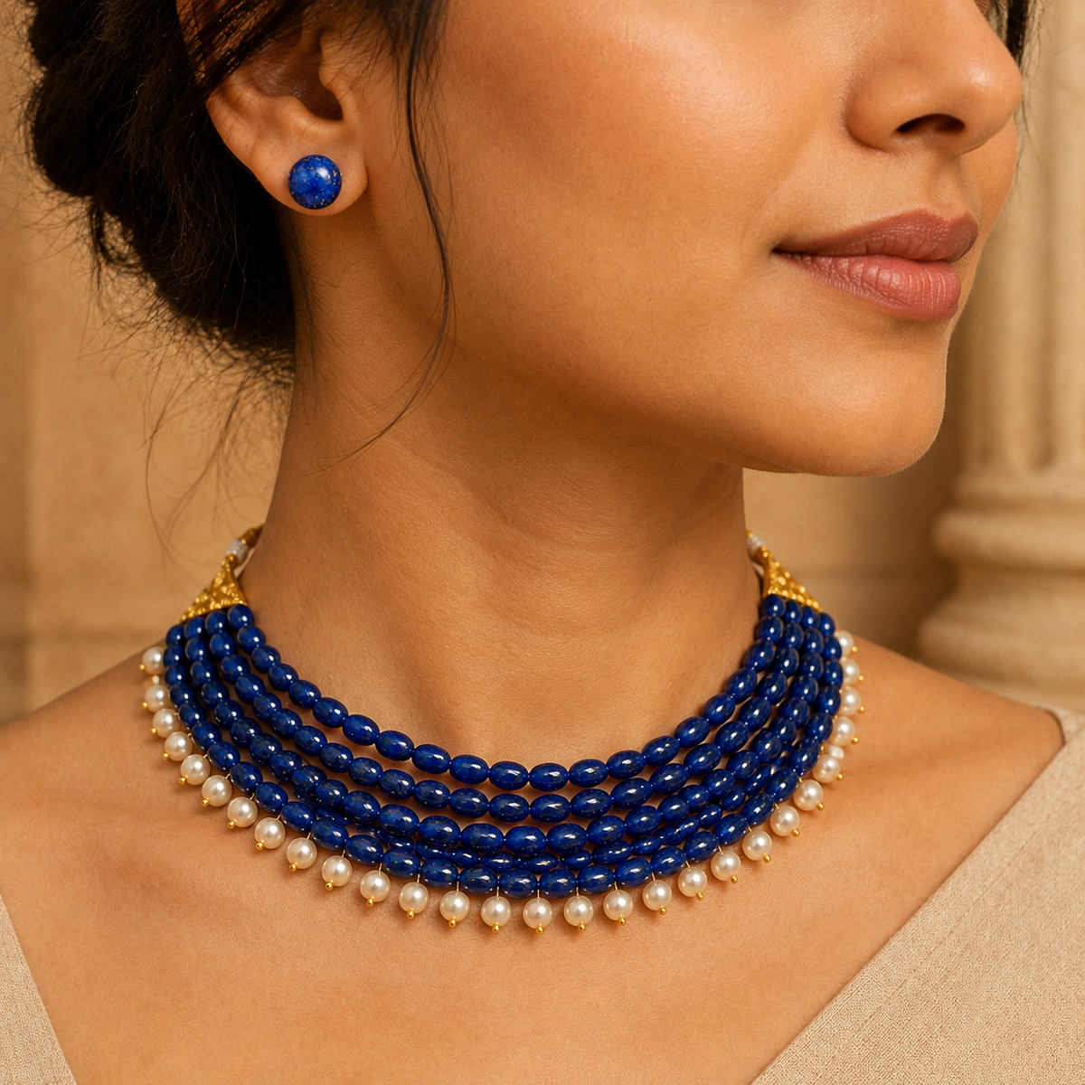 Midnight Blue Royale Pearl Choker with Lapis Studs