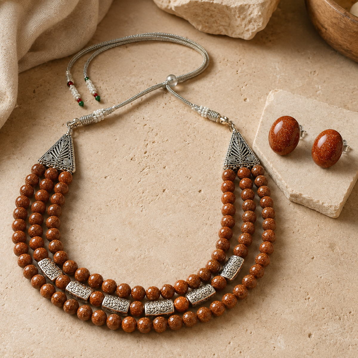 Desert Glow Sandstone Three-Layer Necklace with Sandstone Studs