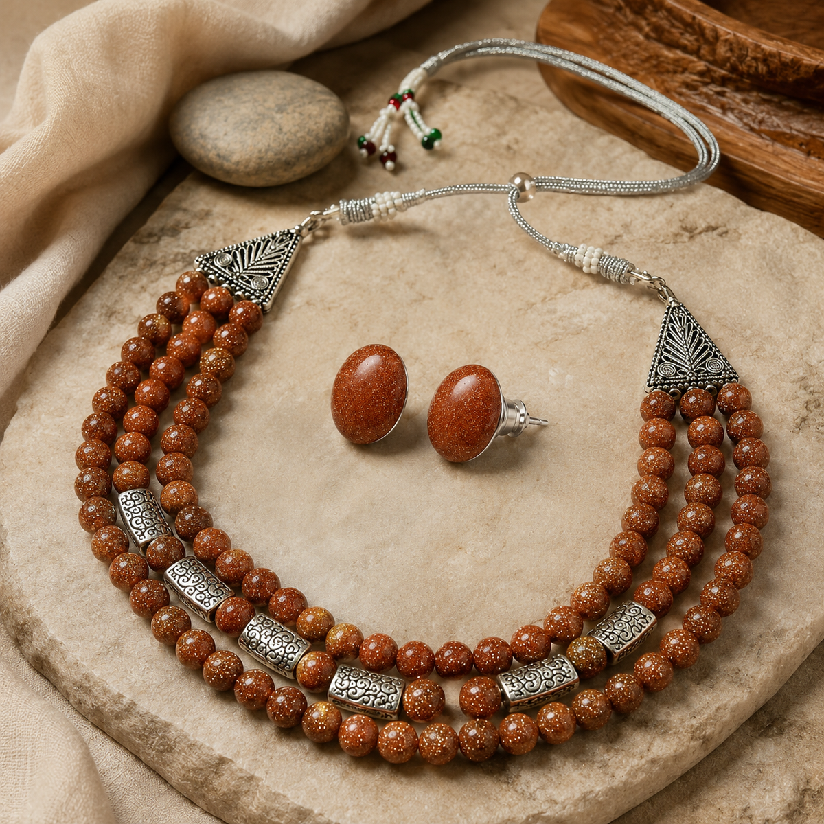 Desert Glow Sandstone Three-Layer Necklace with Sandstone Studs