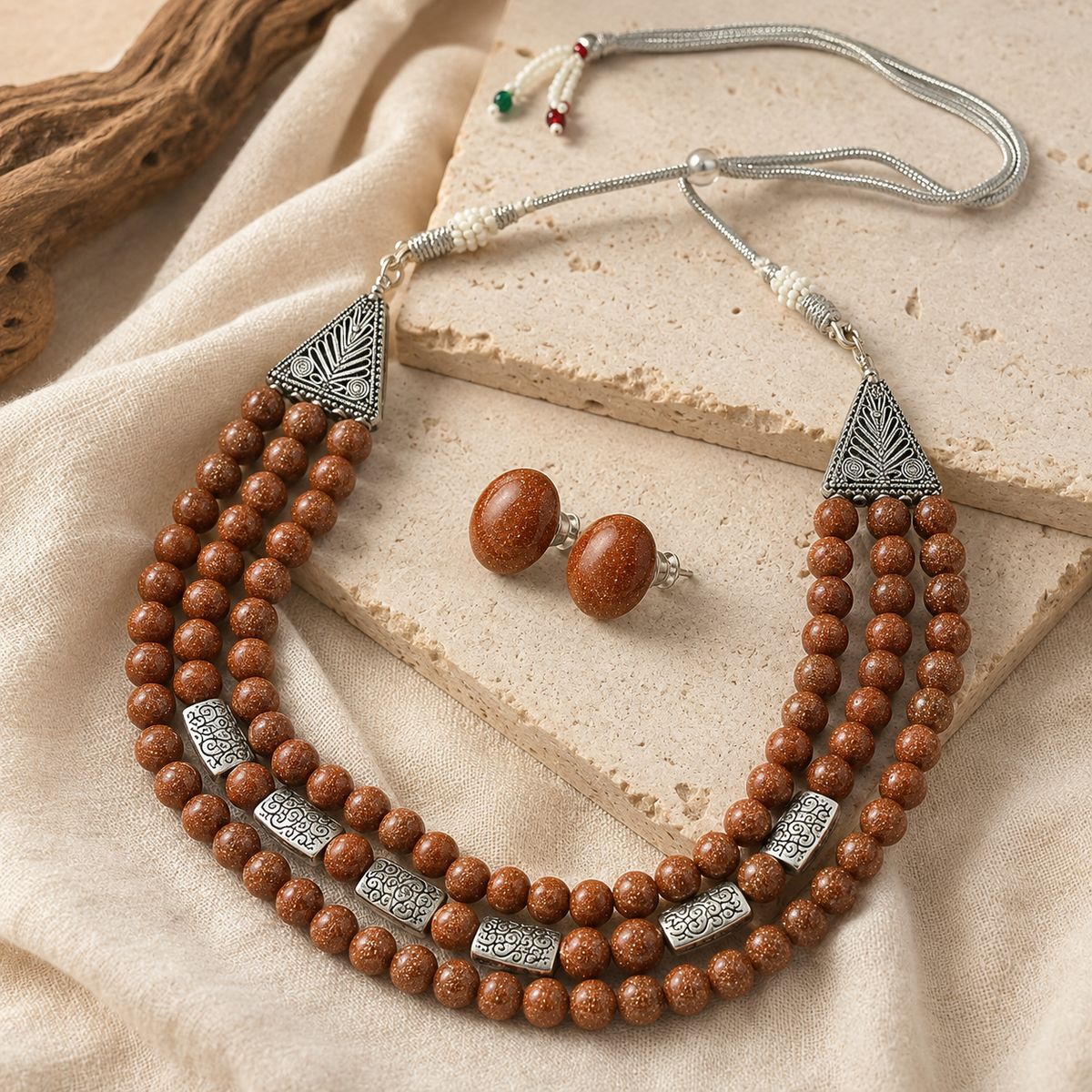 Desert Glow Sandstone Three-Layer Necklace with Sandstone Studs