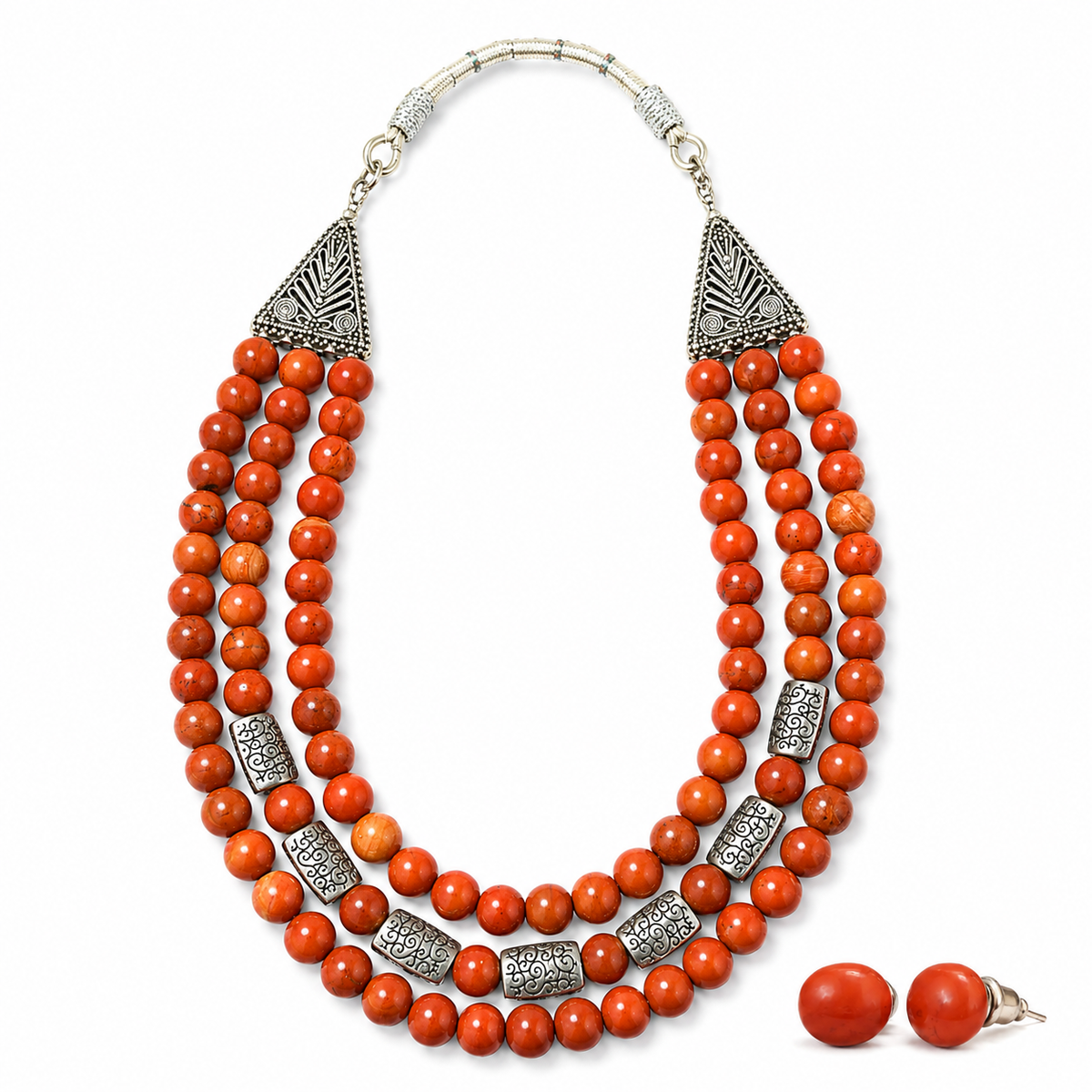 Terra Royale Red Jasper Three-Layer Necklace with Red Jasper Studs