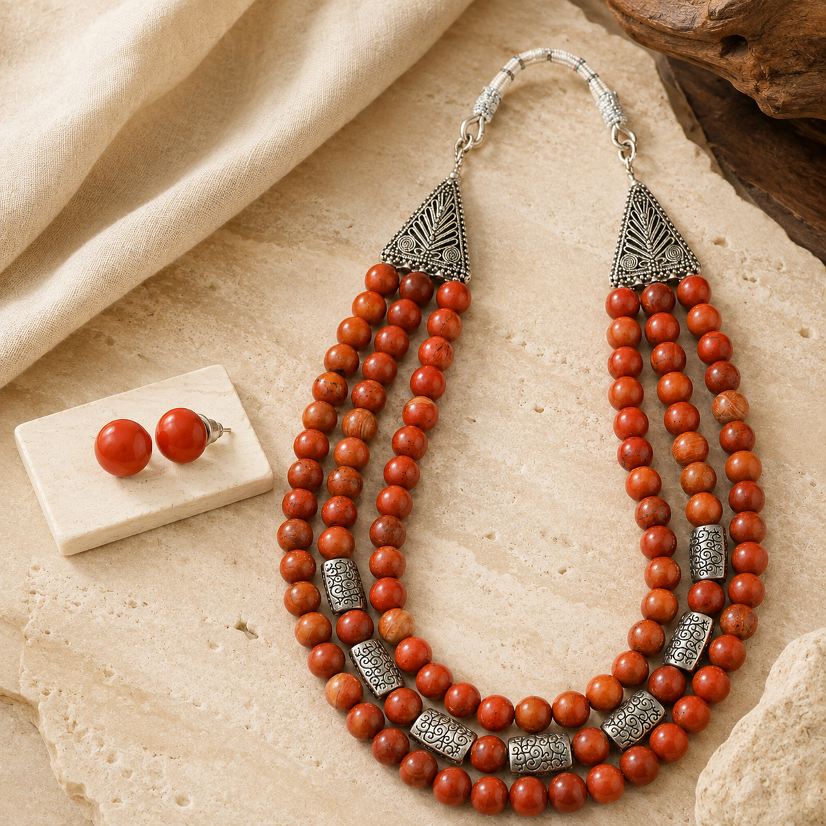 Terra Royale Red Jasper Three-Layer Necklace with Red Jasper Studs