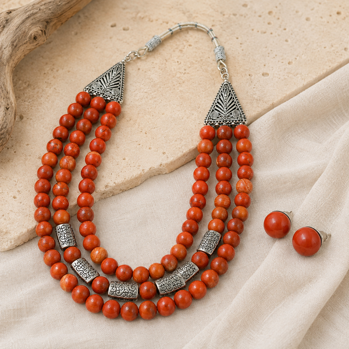 Terra Royale Red Jasper Three-Layer Necklace with Red Jasper Studs
