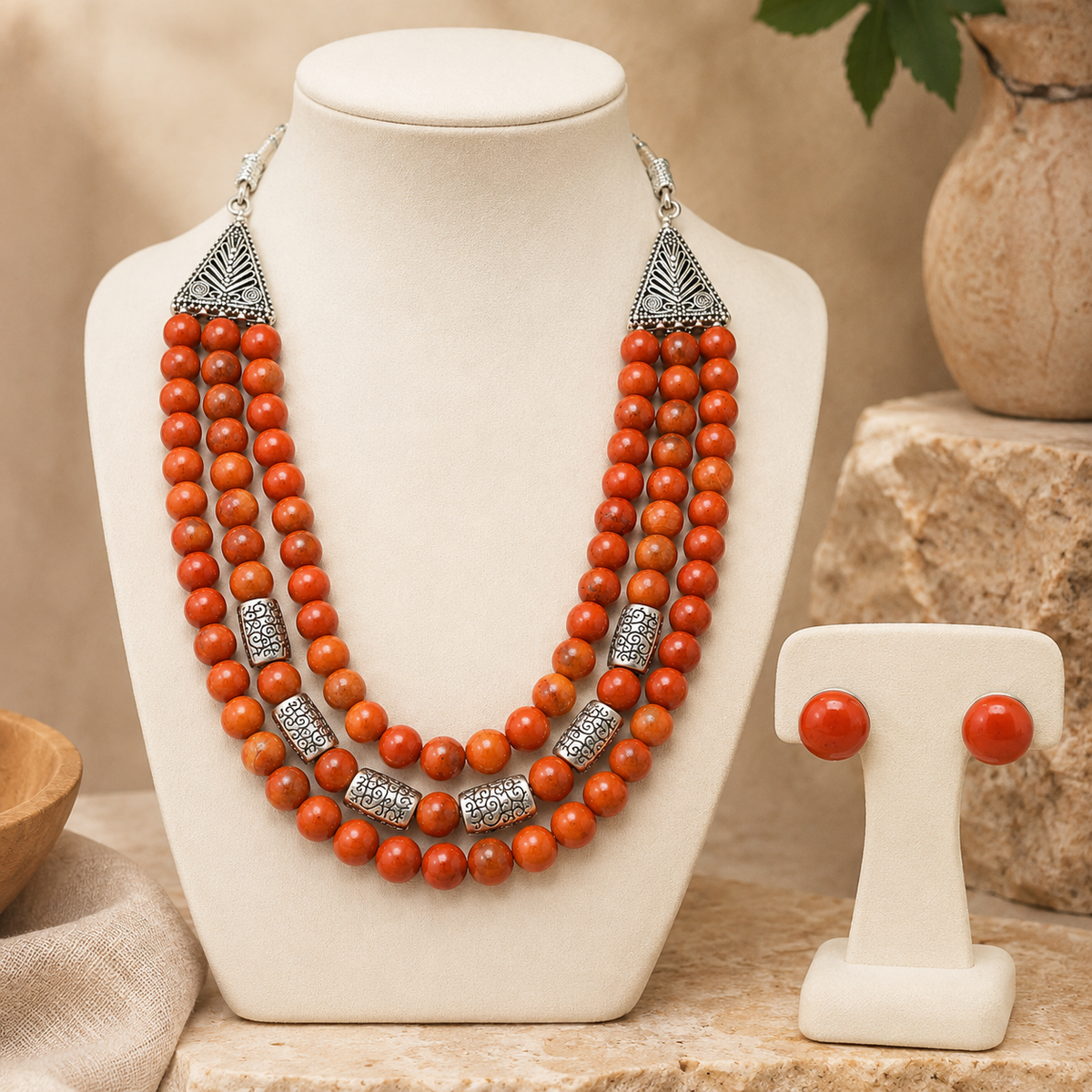 Terra Royale Red Jasper Three-Layer Necklace with Red Jasper Studs