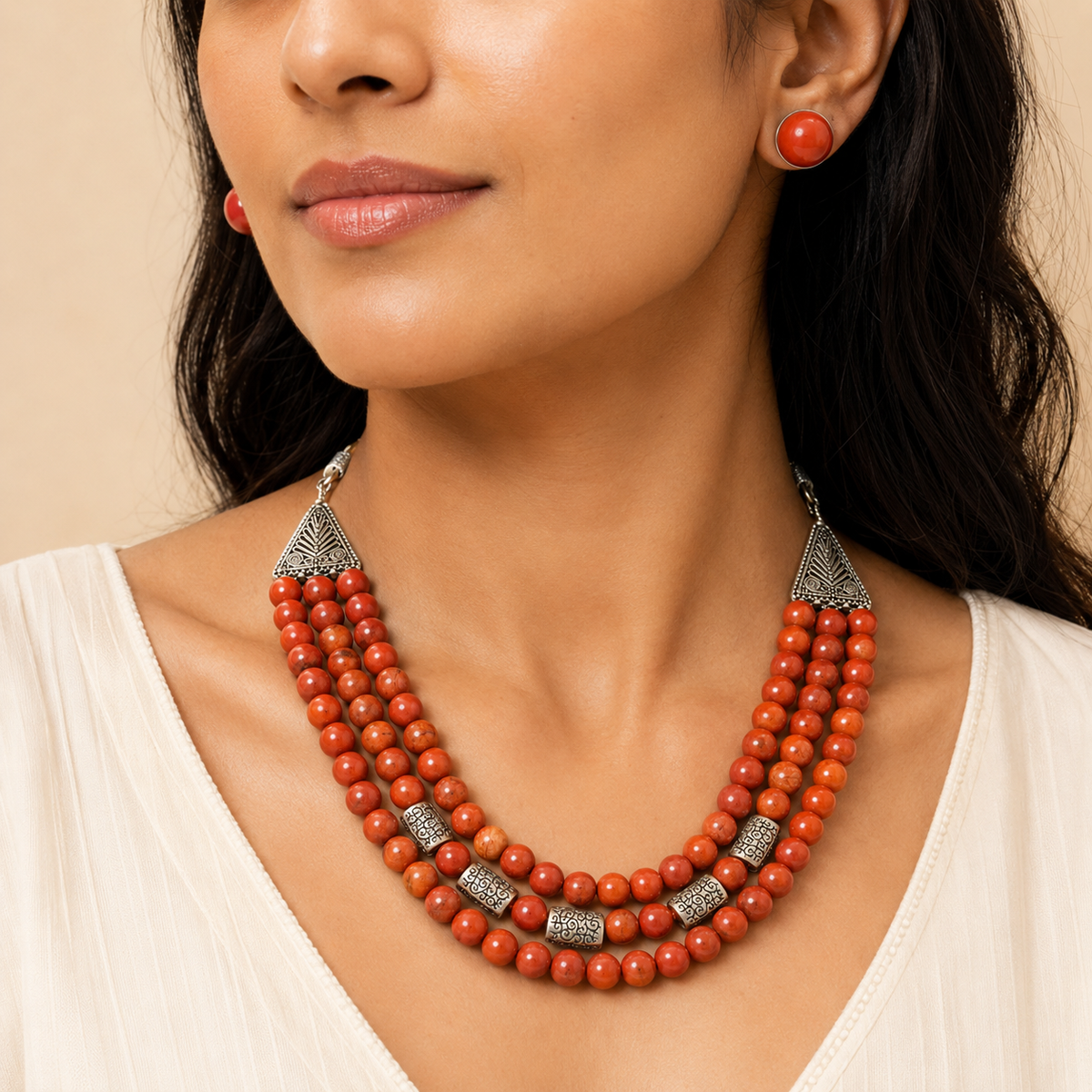 Terra Royale Red Jasper Three-Layer Necklace with Red Jasper Studs