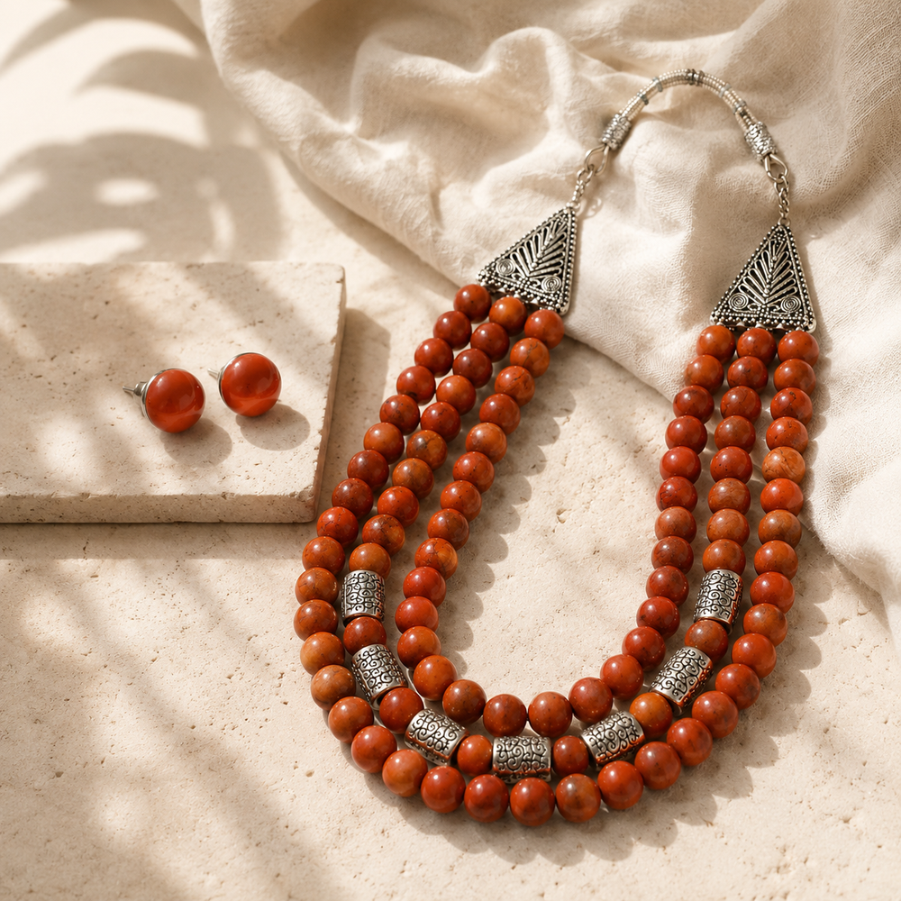 Terra Royale Red Jasper Three-Layer Necklace with Red Jasper Studs