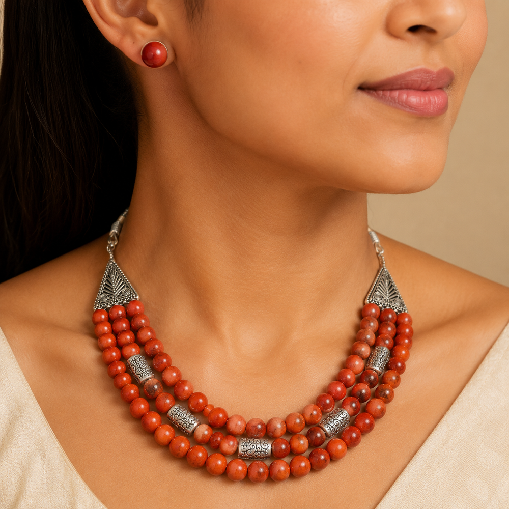 Terra Royale Red Jasper Three-Layer Necklace with Red Jasper Studs