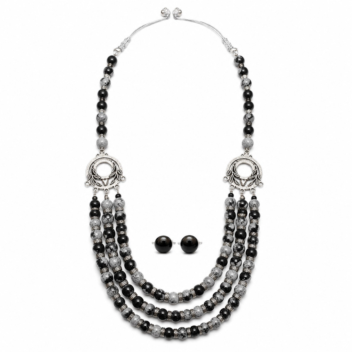 Snowflake Obsidian Three-Layer Silver Accent Necklace with Obsidian Studs
