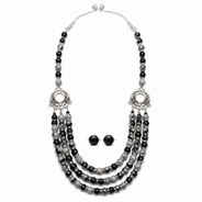 Snowflake Obsidian Three-Layer Silver Accent Necklace with Obsidian Studs