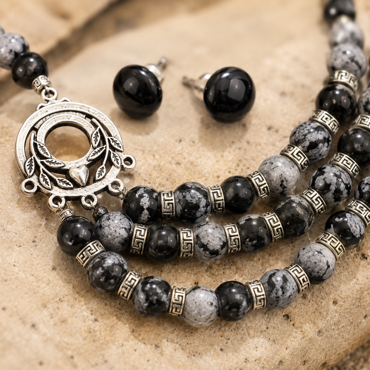 Snowflake Obsidian Three-Layer Silver Accent Necklace with Obsidian Studs