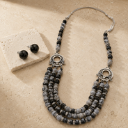 Snowflake Obsidian Three-Layer Silver Accent Necklace with Obsidian Studs