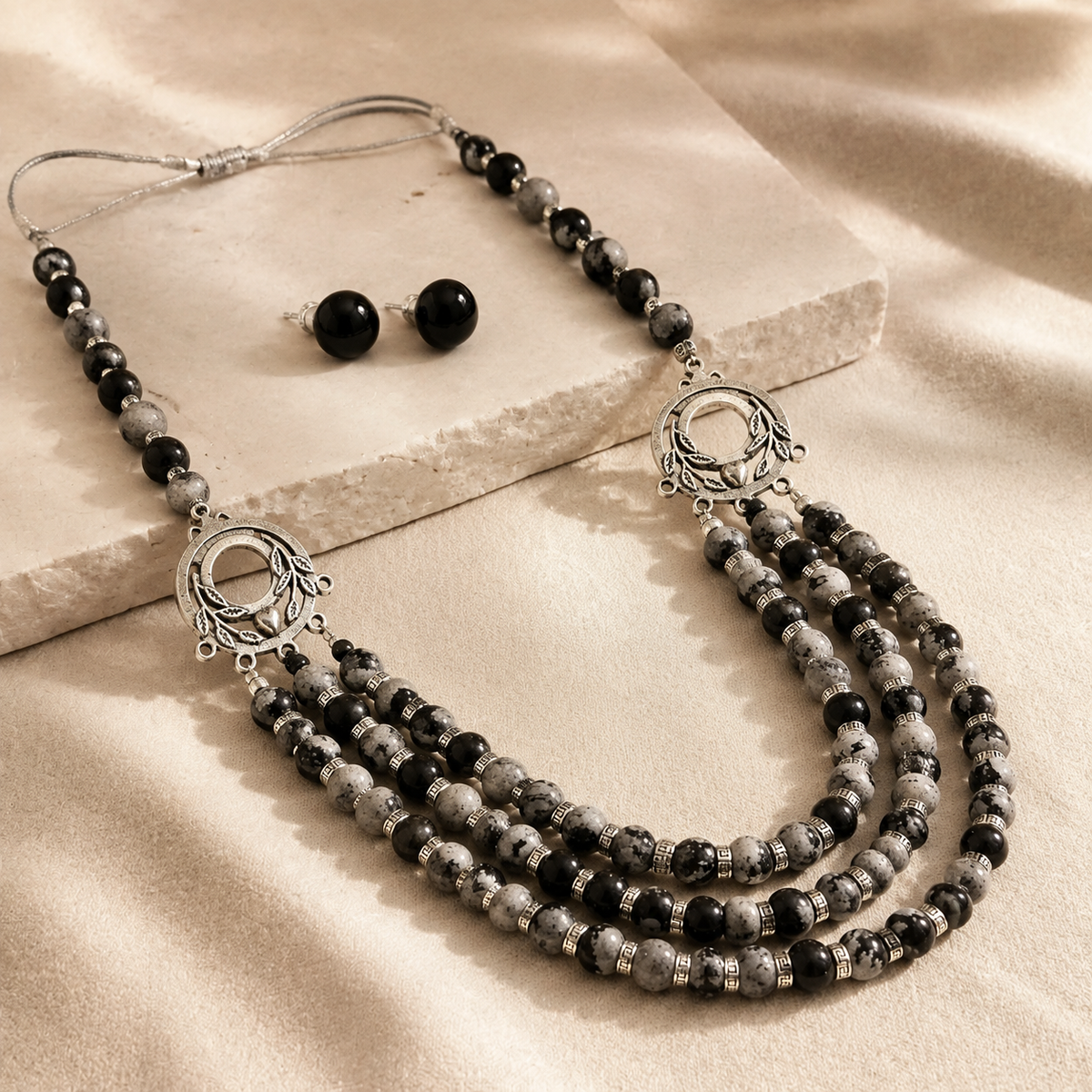 Snowflake Obsidian Three-Layer Silver Accent Necklace with Obsidian Studs