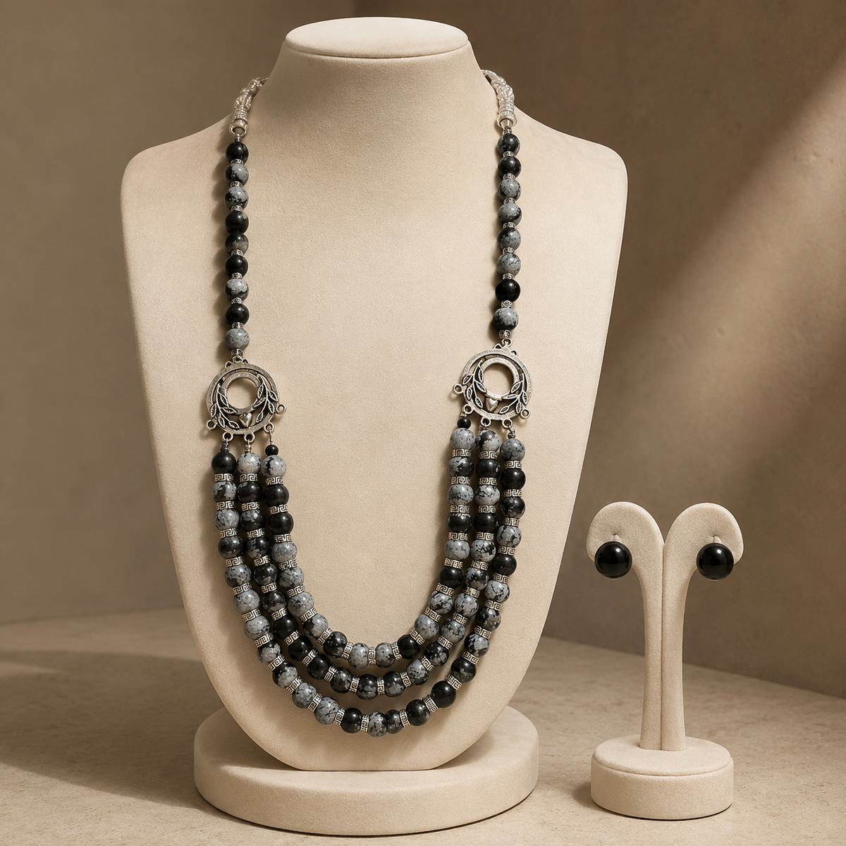 Snowflake Obsidian Three-Layer Silver Accent Necklace with Obsidian Studs