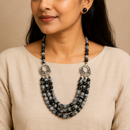 Snowflake Obsidian Three-Layer Silver Accent Necklace with Obsidian Studs
