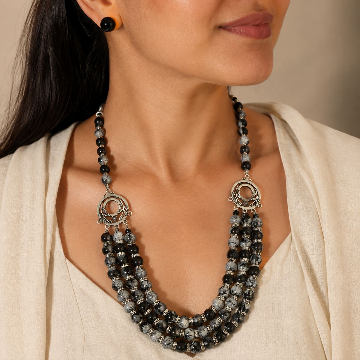 Snowflake Obsidian Three-Layer Silver Accent Necklace with Obsidian Studs