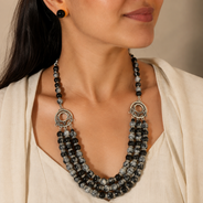 Snowflake Obsidian Three-Layer Silver Accent Necklace with Obsidian Studs