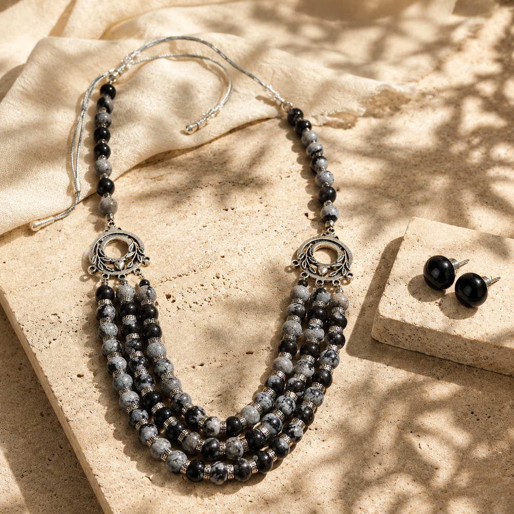 Snowflake Obsidian Three-Layer Silver Accent Necklace with Obsidian Studs