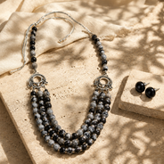 Snowflake Obsidian Three-Layer Silver Accent Necklace with Obsidian Studs