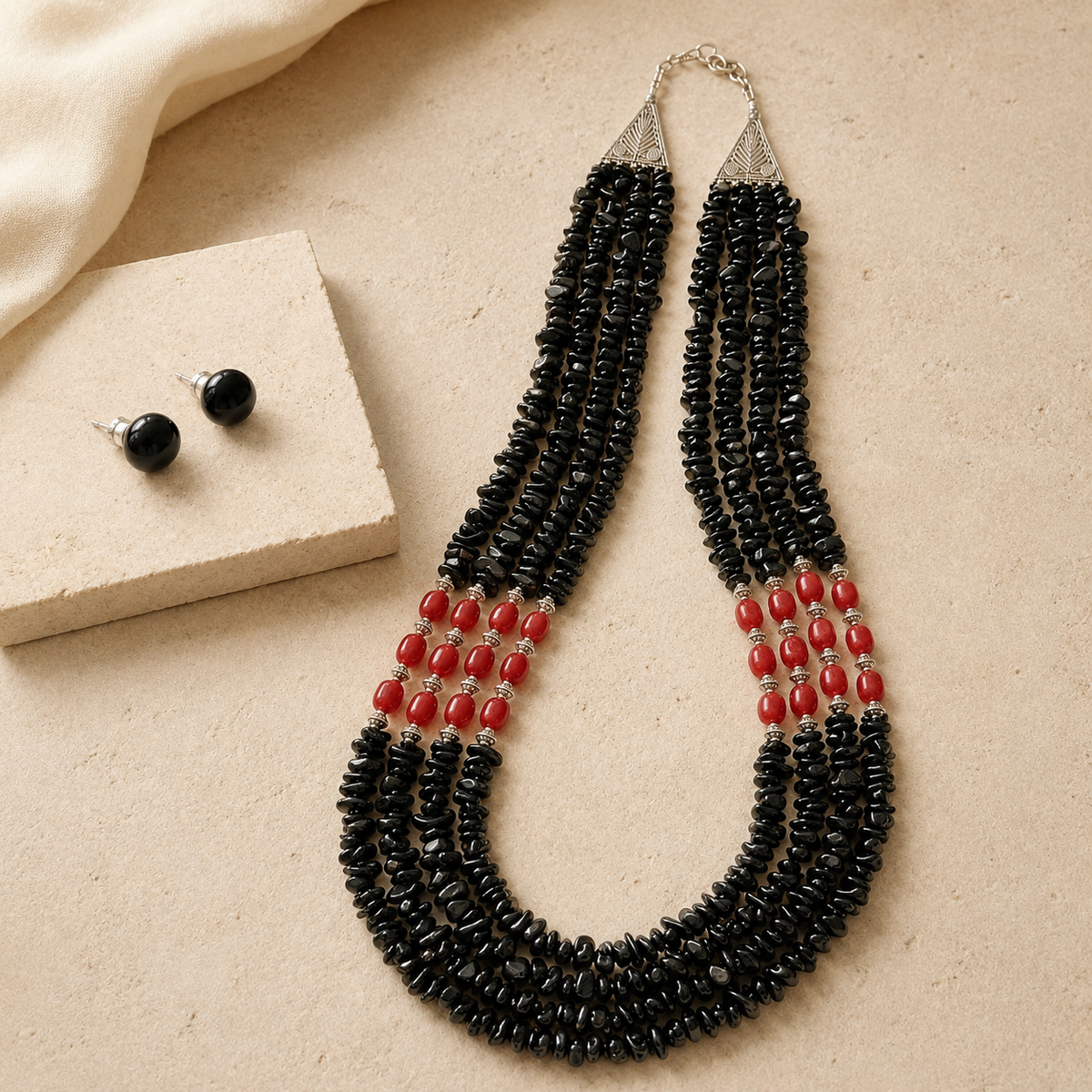 Black & Red Agate Layered Necklace Set in a full product view