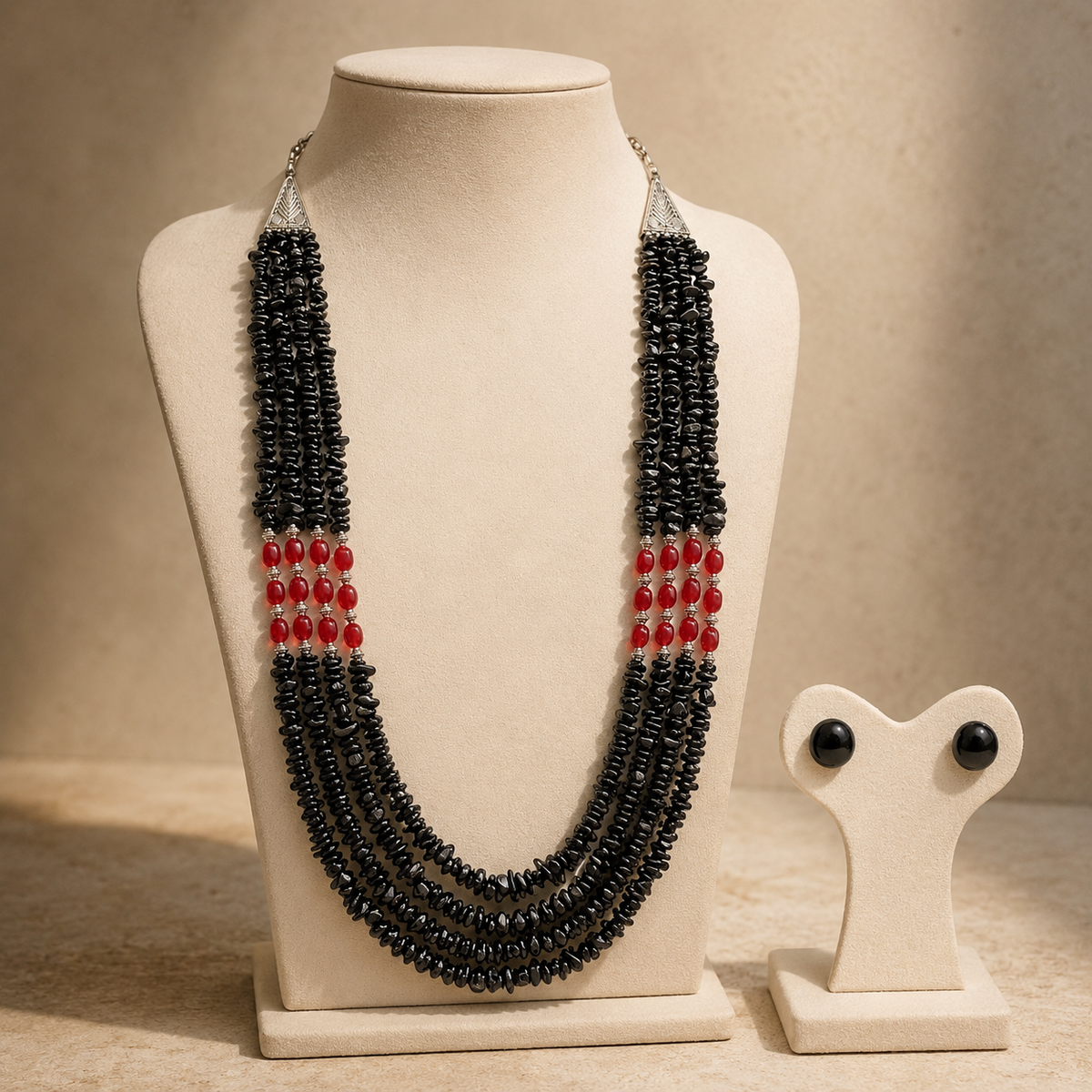 Black & Red Agate Layered Necklace Set in a stone and bead detail view