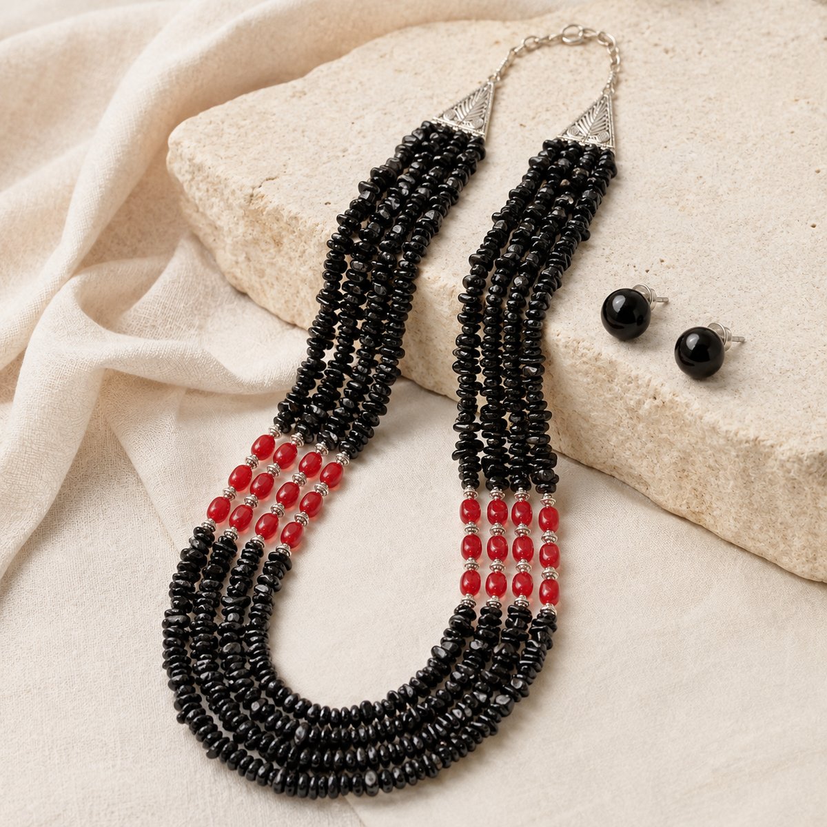 Black & Red Agate Layered Necklace Set worn by a model in an alternate view