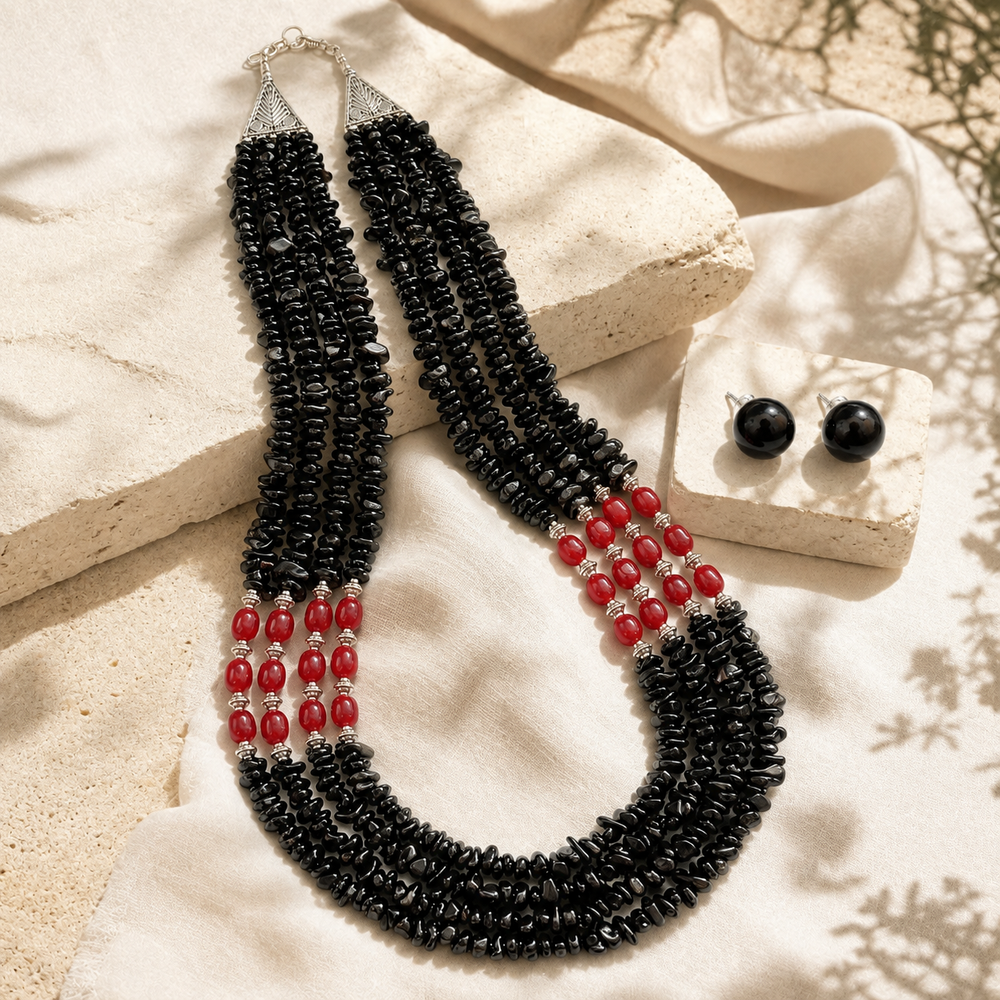 Black & Red Agate Three-Layer Necklace with Black Onyx Studs