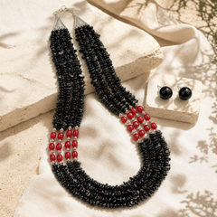 Black & Red Agate Three-Layer Necklace with Black Onyx Studs