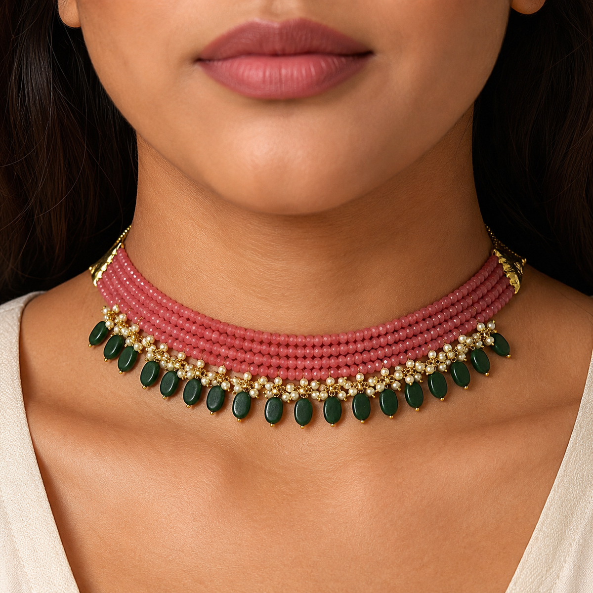 Peach Blush & Coral Oval-Drop Agate Choker