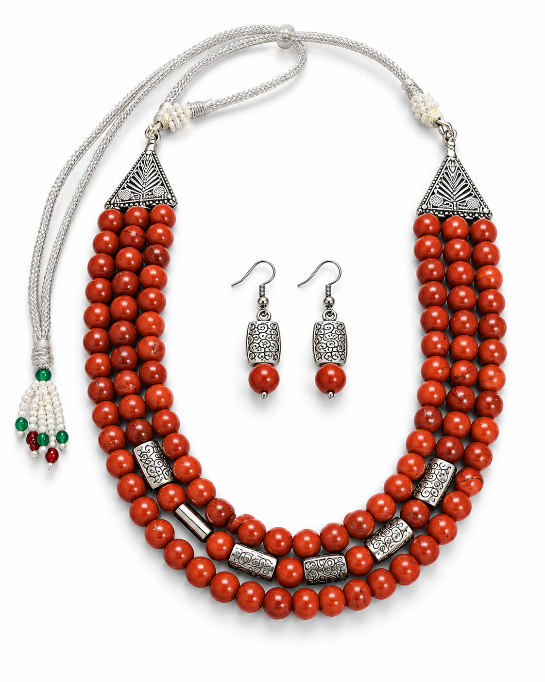 Terra Royale Red Jasper Three-Layer Necklace with Red Jasper Studs