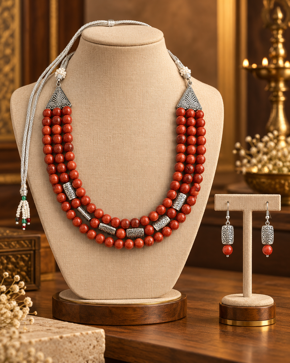 Terra Royale Red Jasper Three-Layer Necklace with Red Jasper Studs