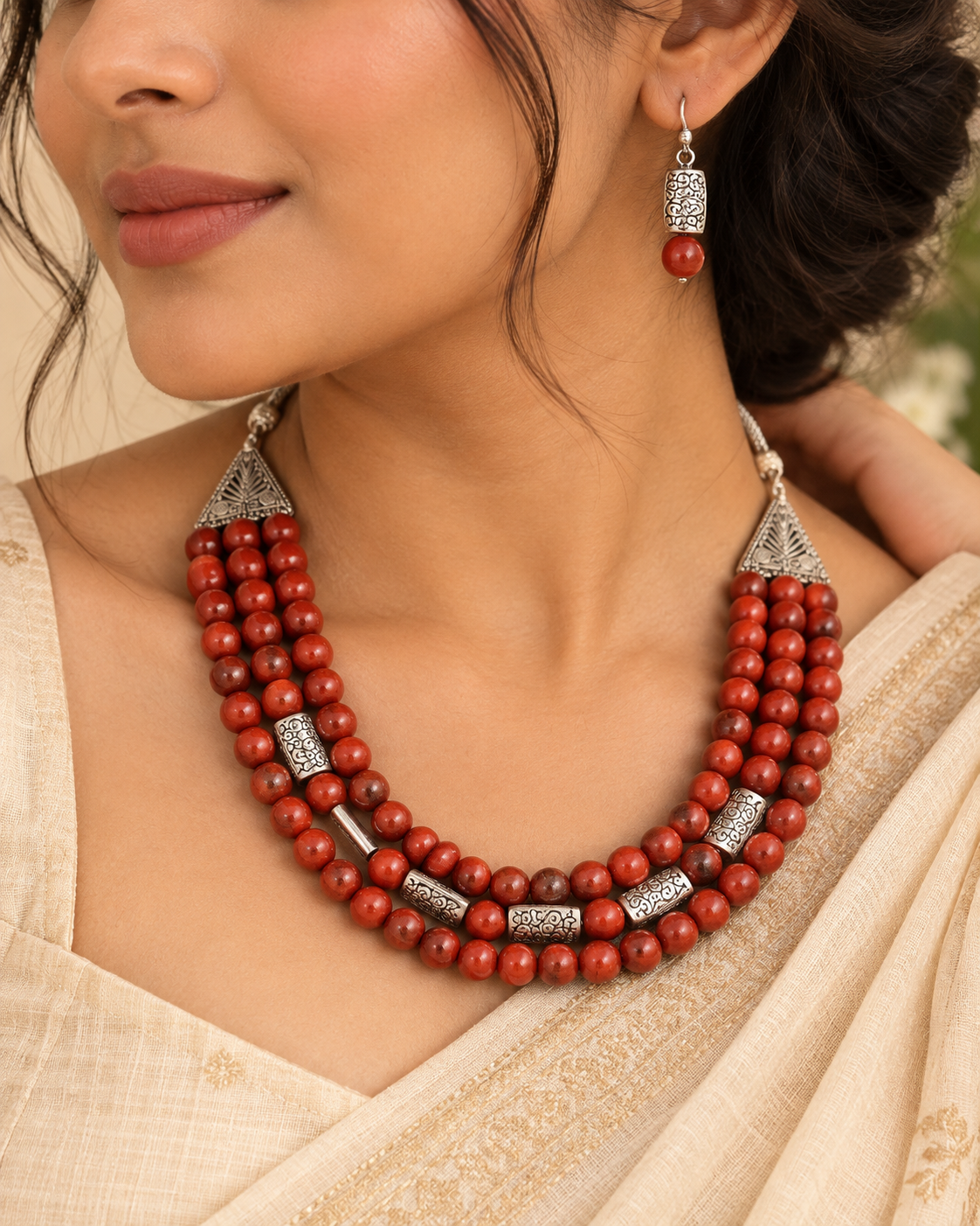 Terra Royale Red Jasper Three-Layer Necklace with Red Jasper Studs