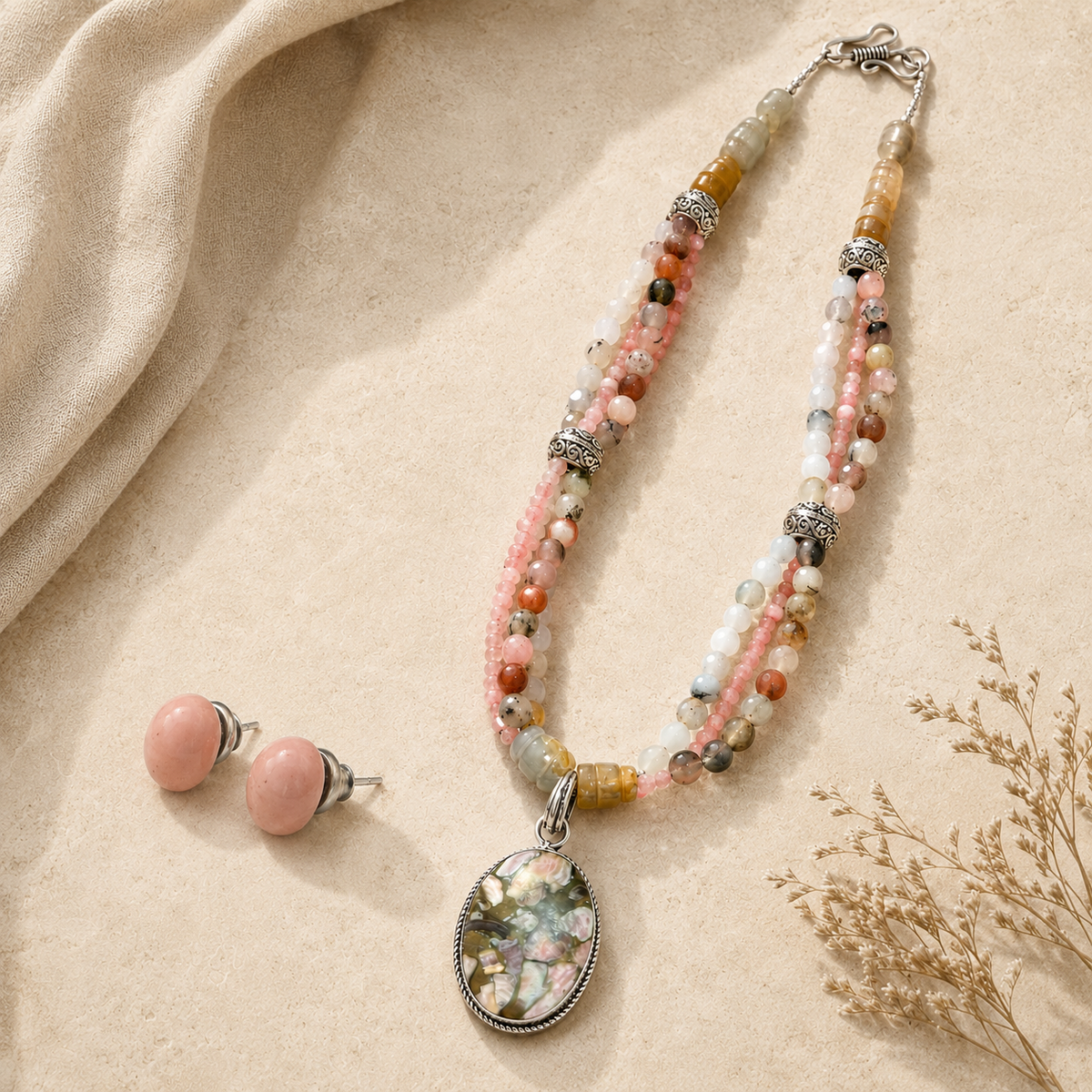 Blush Mosaic Rhodochrosite & Quartz Pendant Necklace with Rose Quartz Stud Earrings