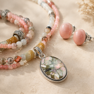 Blush Mosaic Rhodochrosite & Quartz Pendant Necklace with Rose Quartz Stud Earrings