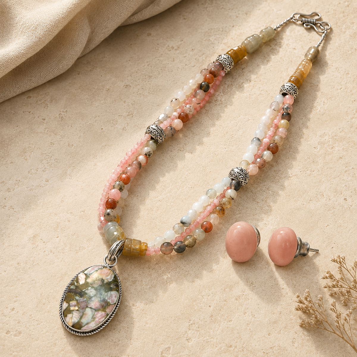 Blush Mosaic Rhodochrosite & Quartz Pendant Necklace with Rose Quartz Stud Earrings