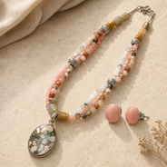 Blush Mosaic Rhodochrosite & Quartz Pendant Necklace with Rose Quartz Stud Earrings