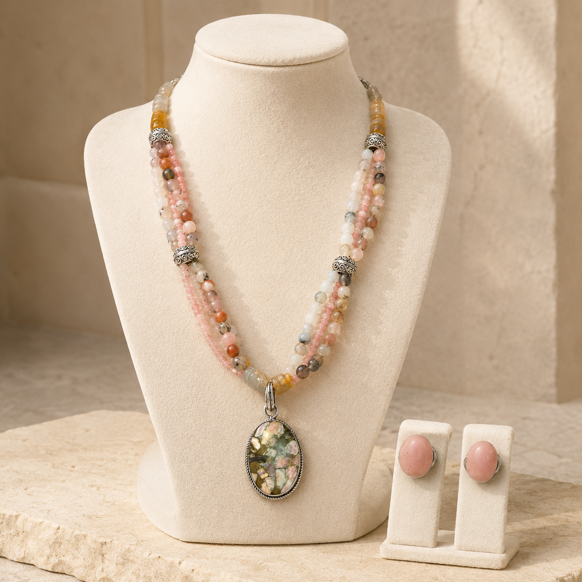 Blush Mosaic Rhodochrosite & Quartz Pendant Necklace with Rose Quartz Stud Earrings