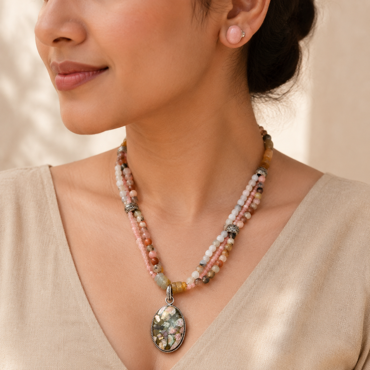 Blush Mosaic Rhodochrosite & Quartz Pendant Necklace with Rose Quartz Stud Earrings