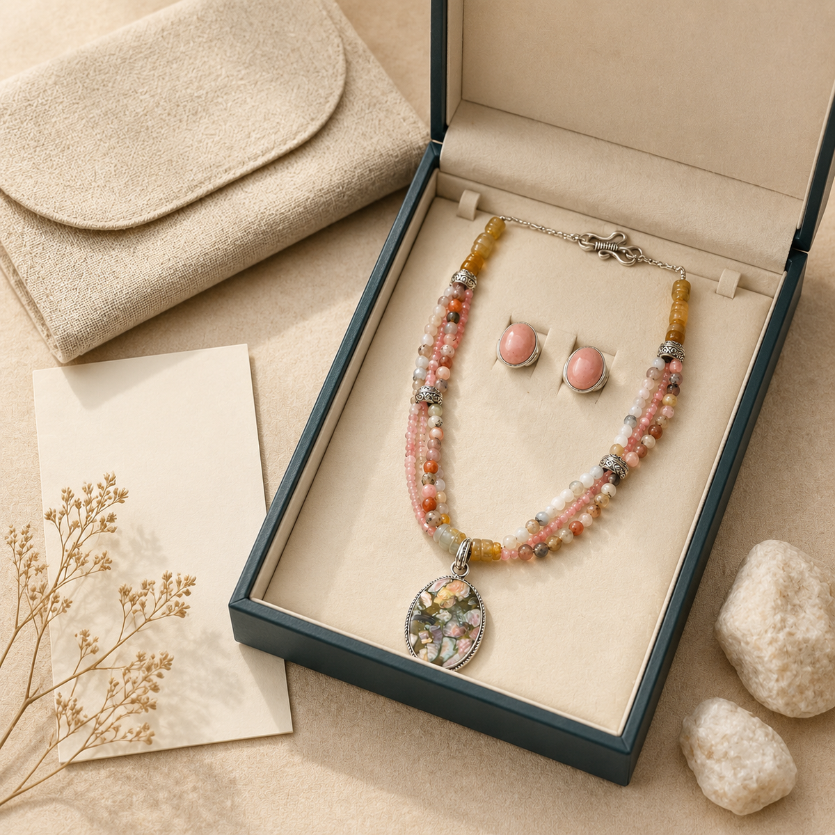 Blush Mosaic Rhodochrosite & Quartz Pendant Necklace with Rose Quartz Stud Earrings