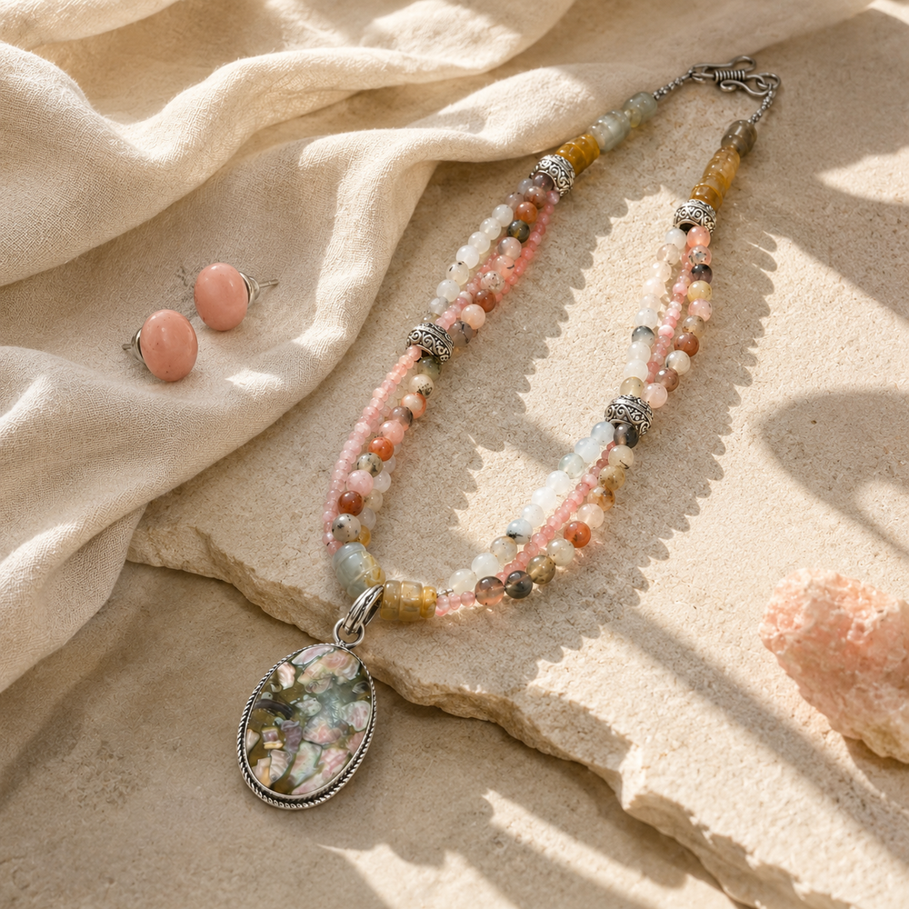 Blush Mosaic Rhodochrosite & Quartz Pendant Necklace with Rose Quartz Stud Earrings
