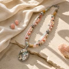 Blush Mosaic Rhodochrosite & Quartz Pendant Necklace with Rose Quartz Stud Earrings