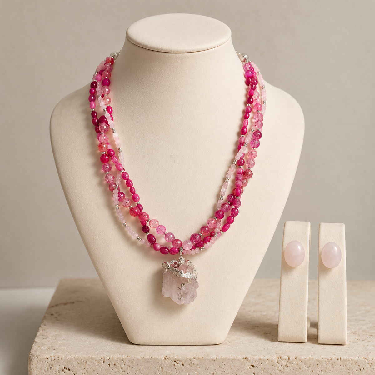 Rose Reverie Rubellite & Quartz Crystal Necklace with Rose Quartz Stud Earrings