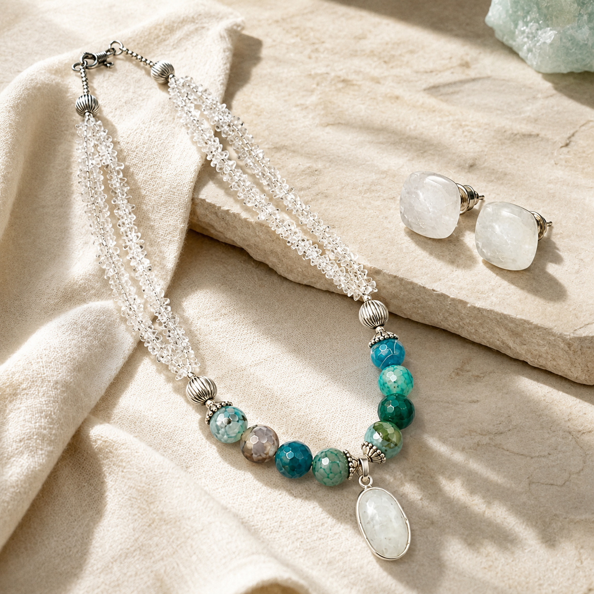 Crystal Stream Aqua Agate Drop Pendant Necklace with White Gemstone Stud Earrings