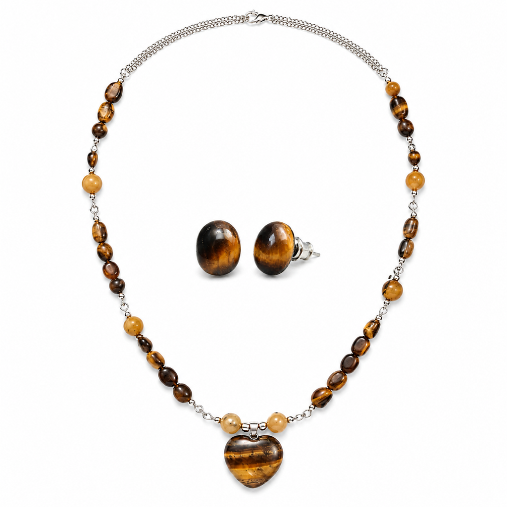 Golden Earth Tiger’s Eye Heart Pendant Necklace with Tiger’s Eye Stud Earrings
