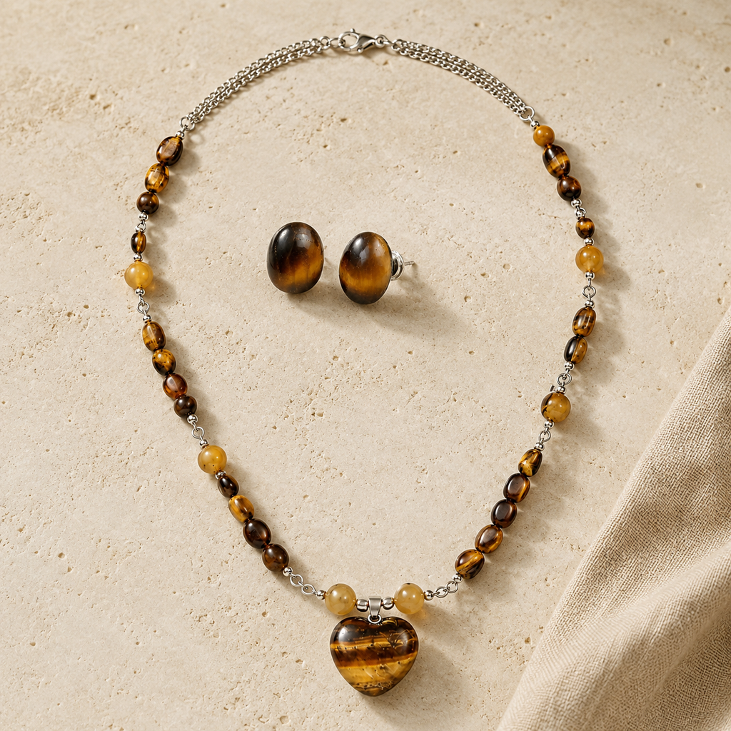 Golden Earth Tiger’s Eye Heart Pendant Necklace with Tiger’s Eye Stud Earrings