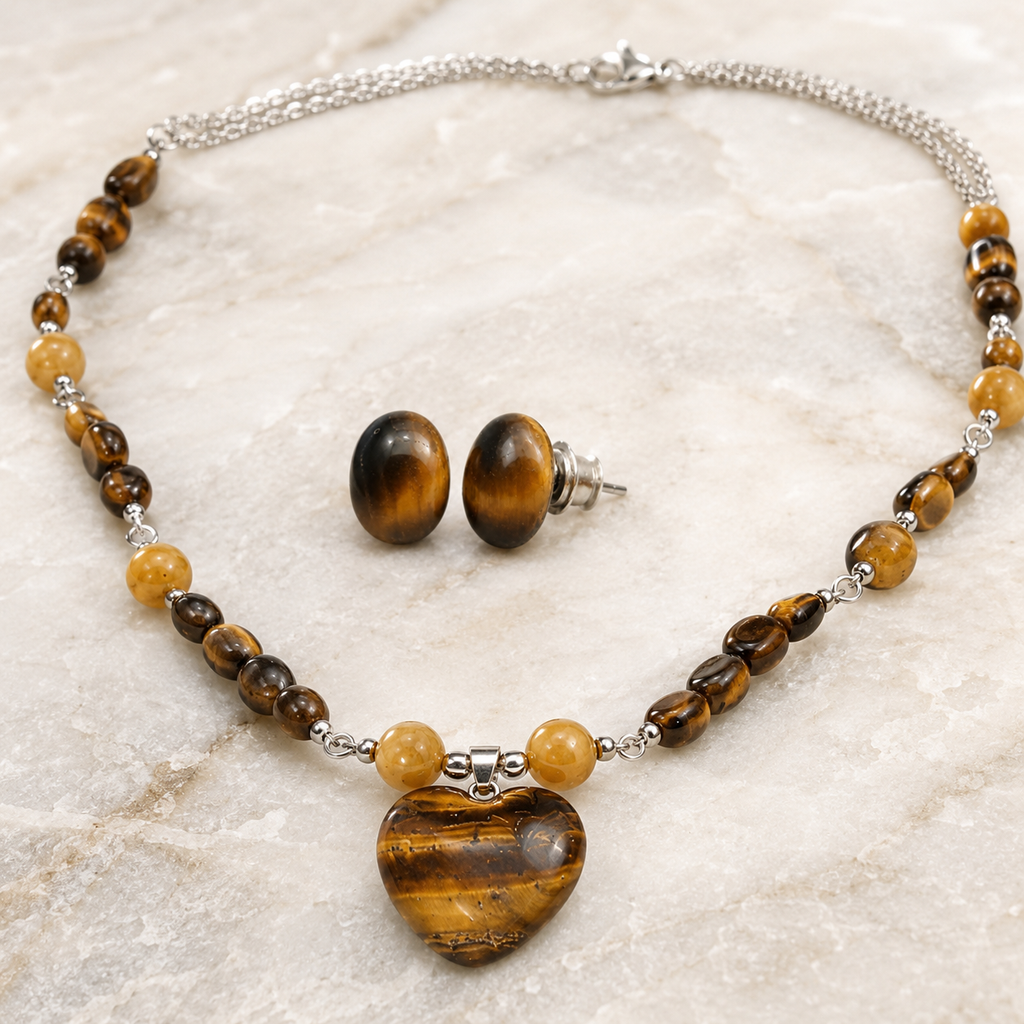Golden Earth Tiger’s Eye Heart Pendant Necklace with Tiger’s Eye Stud Earrings