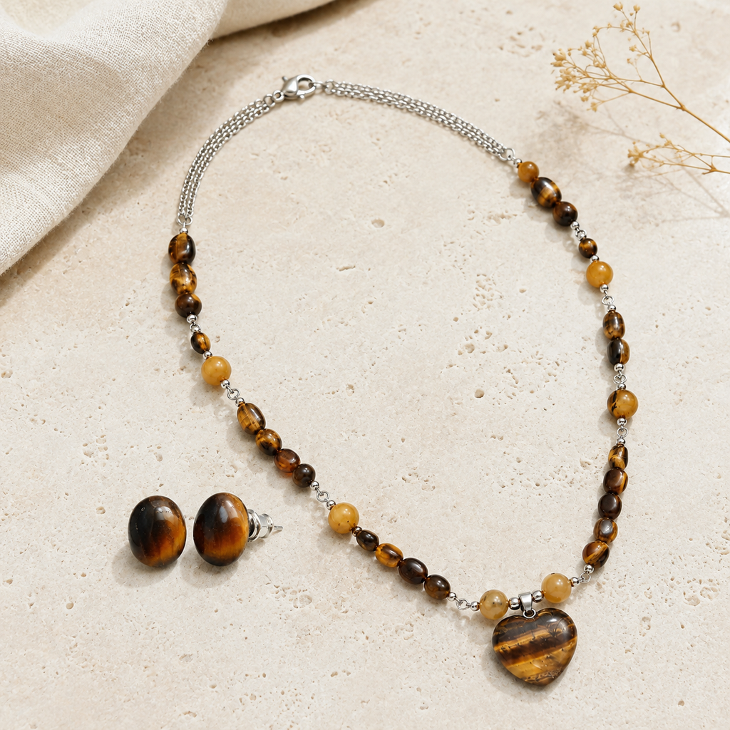 Golden Earth Tiger’s Eye Heart Pendant Necklace with Tiger’s Eye Stud Earrings