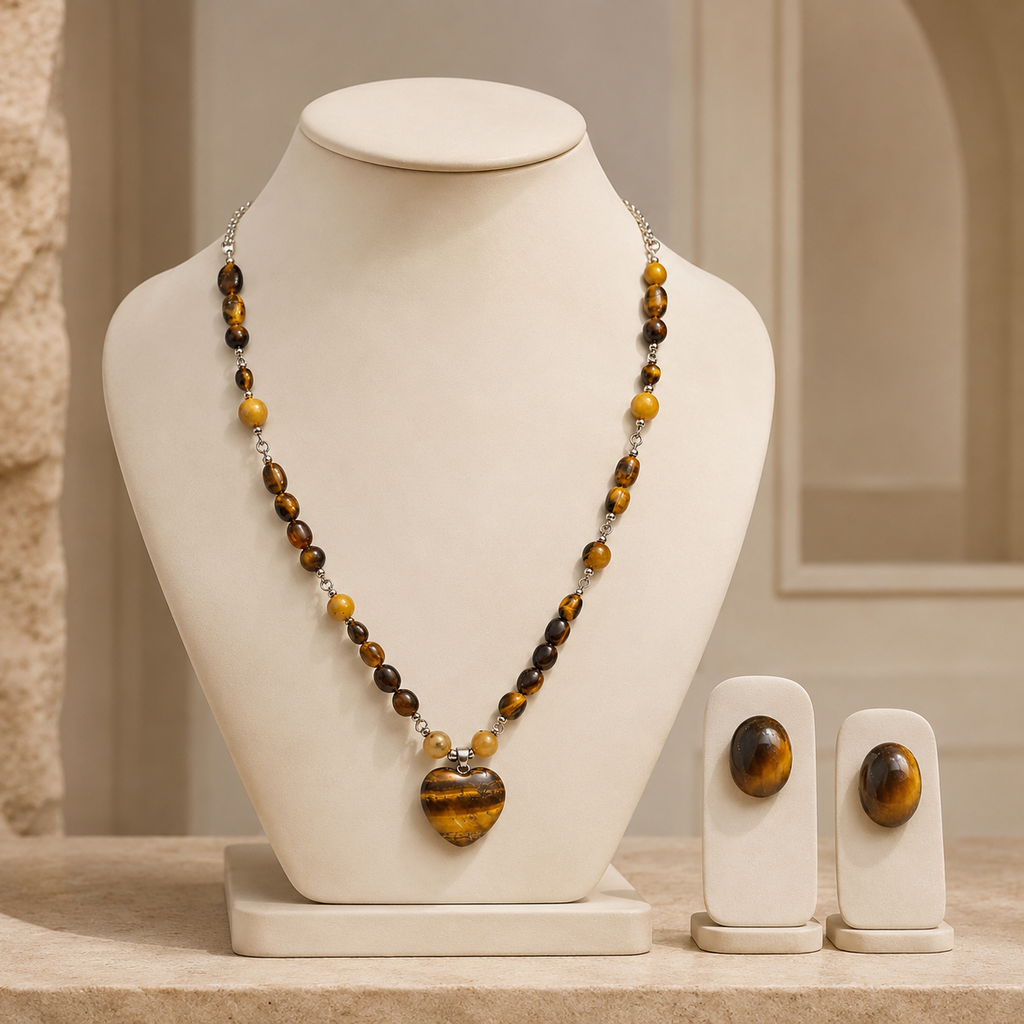 Golden Earth Tiger’s Eye Heart Pendant Necklace with Tiger’s Eye Stud Earrings