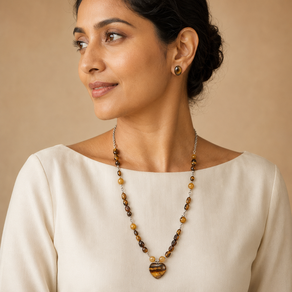 Golden Earth Tiger’s Eye Heart Pendant Necklace with Tiger’s Eye Stud Earrings